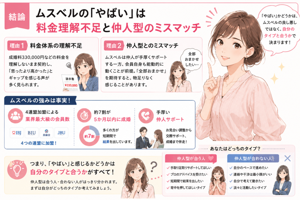 結論｜ムスベルの「やばい」は料金理解不足と仲人型のミスマッチ